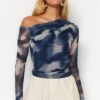 Trendyol Oil Tulle Lined Asymmetric Collar Knitted Blouse