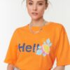 Trendyol Orange 100% Cotton Slogan Printed Relaxed/Wide Relaxed Cut Crew Neck Knitted T-Shirt