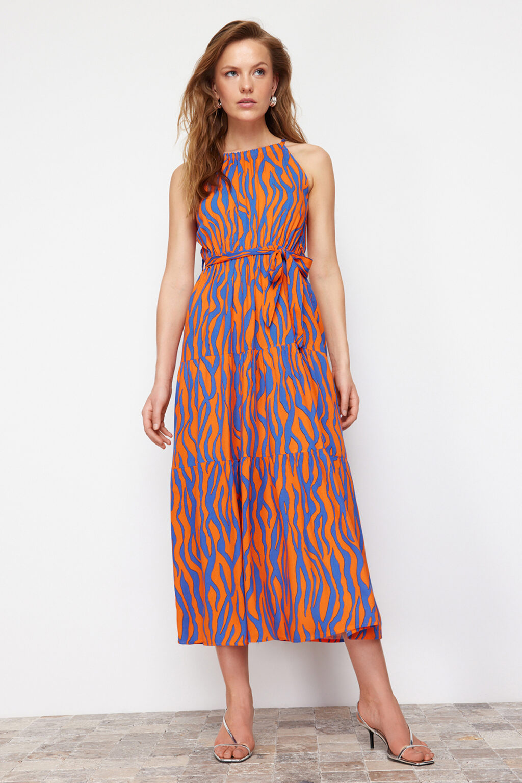 Trendyol Orange Animal Shift Halter Neck Halter Neck Shally Maxi Woven Dress