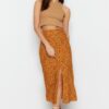 Trendyol Orange Ethnic Patterned Slit Detailed Midi Woven Skirt