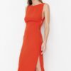 Trendyol Orange Fitted Window/Cut Woven Out Detailed Elegant Evening Dress