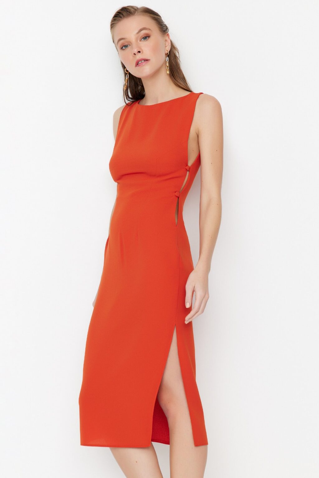 Trendyol Orange Fitted Window/Cut Woven Out Detailed Elegant Evening Dress