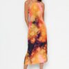 Trendyol Orange Floral Print Straight Cut Halter Neck Midi Satin Lined Woven Dress