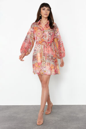 Trendyol Orange Flower Patterned Waist Open Shirt Collar Mini Lined Chiffon Woven Dress