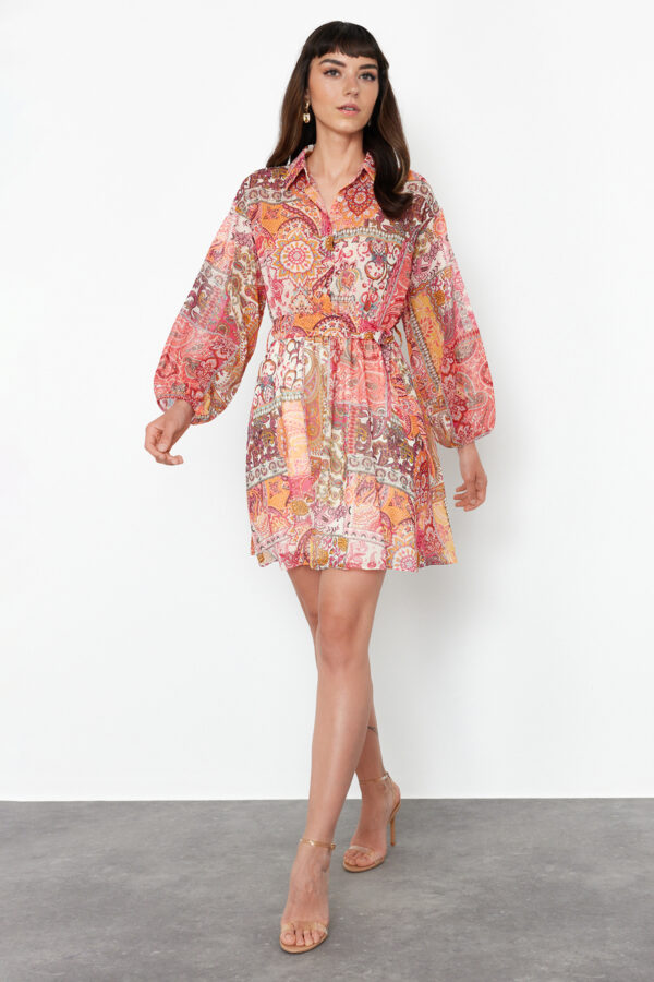 Trendyol Orange Flower Patterned Waist Open Shirt Collar Mini Lined Chiffon Woven Dress