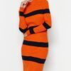 Trendyol Orange Midi Knit Striped Dress