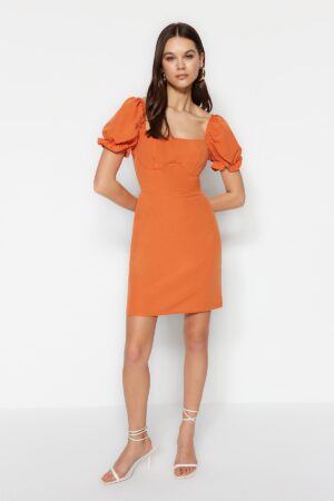 Trendyol Orange Mini szőtt léggömb ujj szőtt vászon megjelenésű ruha