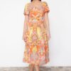 Trendyol Orange Patterned A-Line Square Collar Slit Midi Lined Chiffon Woven Dress