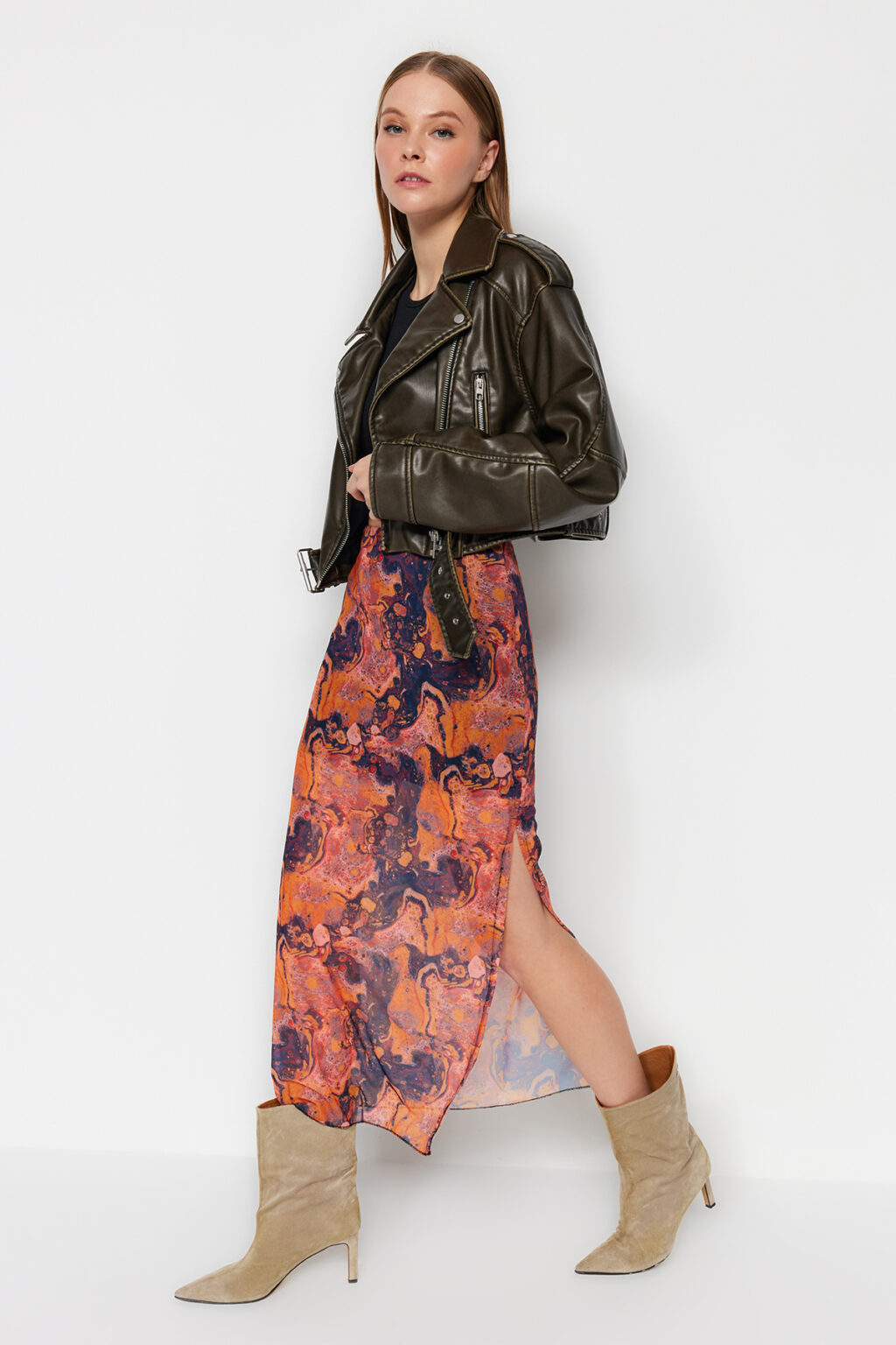 Trendyol Orange Patterned Maxi Length Lace Detail Tulle Stretch Knitted Skirt