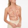 Trendyol Orange Printed Barter Fitted Super Crop Stretch Knit Blouse
