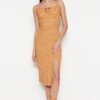 Trendyol Orange Printed Ruffle and Slit Detailed Fitted Midi Knitted Dress