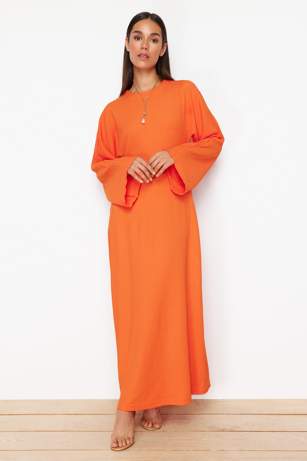 Trendyol Orange Spanish Sleeve Crepe/Textured Knit Dress