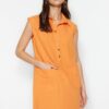 Trendyol Orange Straight Cut Pocket Shirt Collar Linen Look Mini Woven Dress