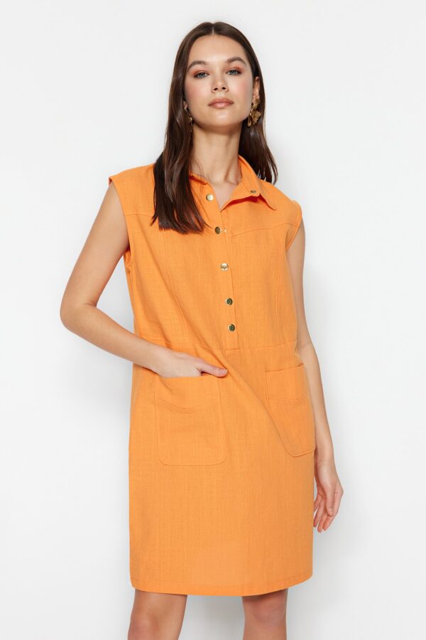 Trendyol Orange Straight Cut Pocket Shirt Collar Linen Look Mini Woven Dress