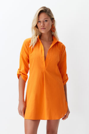 Trendyol Orange Weaving 100% Cotton Mini Beach Dress