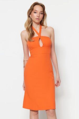 Trendyol Orange Woven Collar Detailed Midi Woven Dress