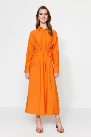 Trendyol Orange összegyűjtött részlet Fél Pat vászon kevert szövött ruha