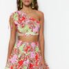 Trendyol Paisley Patterned Woven Pleated One-Shoulder Blouse and Skirt Set