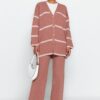 Trendyol Pale Pink Roving Knit Knitwear Cardigan-Trousers Bottom-Top Set