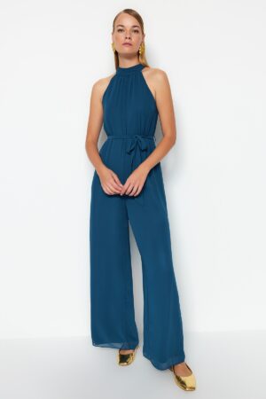 Trendyol Petrol Belted Maxi Chiffon Lined Woven Jumpsuit