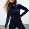 Trendyol Petrol Velvet Draped High Collar Fitted Regular Length Knitted Blouse