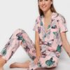 Trendyol Pink 100% Cotton Butterfly Patterned Shirt-Pants Knitted Pajama Set
