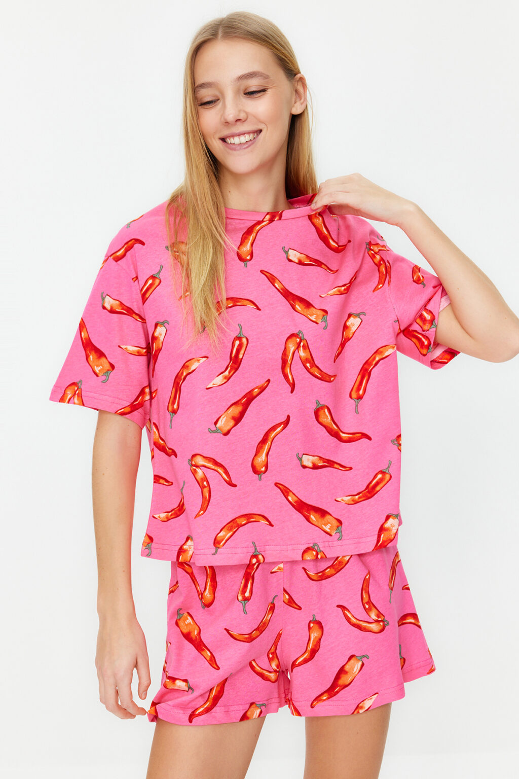 Trendyol Pink 100% Cotton Fun Patterned Knitted Pajama Set with Shorts