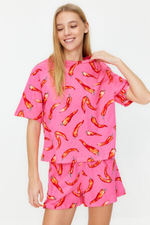Trendyol Pink 100% Cotton Fun Patterned Knitted Pajama Set with Shorts