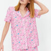 Trendyol Pink 100% Cotton Fun Patterned Ruffle Shorts Knitted Pajama Set