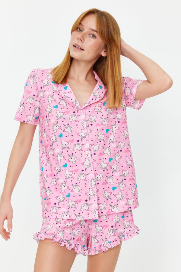 Trendyol Pink 100% Cotton Fun Patterned Ruffle Shorts Knitted Pajama Set