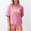 Trendyol Pink 100% Cotton Slogan Fruit Printed Knitted Pajama Set with Shorts