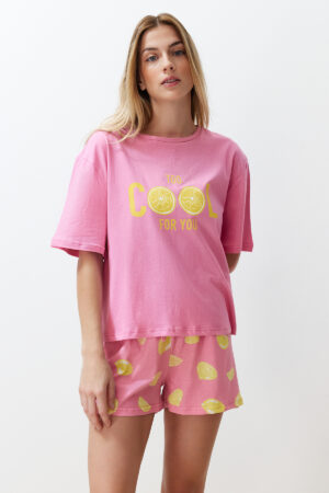 Trendyol Pink 100% Cotton Slogan Fruit Printed Knitted Pajama Set with Shorts