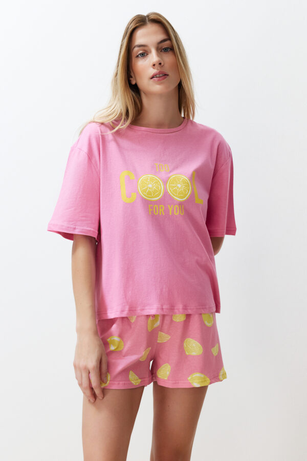 Trendyol Pink 100% Cotton Slogan Fruit Printed Knitted Pajama Set with Shorts