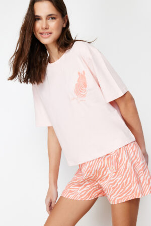 Trendyol Pink 100% Cotton Zebra Printed Shorts Knitted Pajama Set