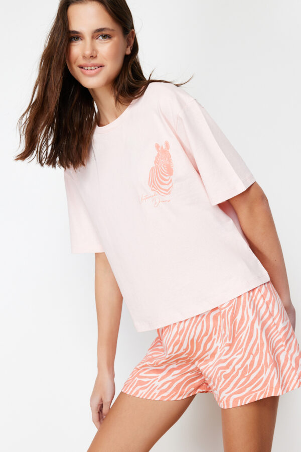 Trendyol Pink 100% Cotton Zebra Printed Shorts Knitted Pajama Set