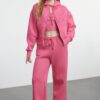 Trendyol Pink 3-Piece Fleece Hooded Relaxed Knitted Tracksuit Set