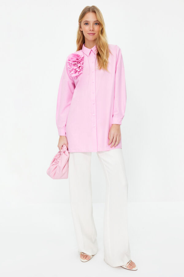 Trendyol Pink Applique Flower Detailed Cotton Woven Shirt