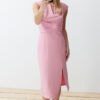 Trendyol Pink Bodycon V-Neck Slit Detailed Midi Pencil Skirt Woven Dress