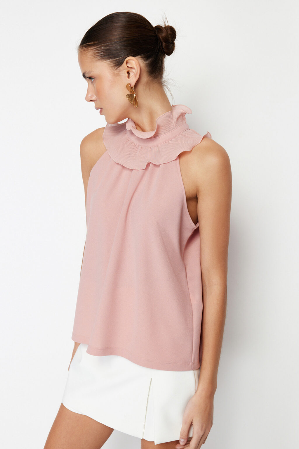 Trendyol Pink Collar Detailed Smart Crepe Knitted Blouse