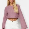 Trendyol Pink Crew Neck Spanish Sleeve Ribbed Flexible Crop Knitted Blouse