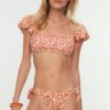 Trendyol Pink Crispy Floral mintás nyakkendő részletesen kidolgozott bikini alsó