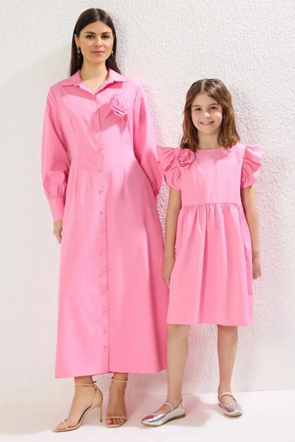Trendyol Pink Flower Detail Buttoned Woven Mother Daughter Shirt Dress