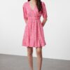 Trendyol Pink Flower Mini Skater Form Double Breasted Woven Dress