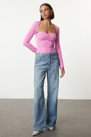Trendyol Pink Heart Collar Gathering/Drape and Accessory Detailed Slim/Tight Fit Regular Length Knitted Blouse