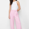 Trendyol Pink Hook and Loop Closure High Waist Pleated Wide Leg/Wide Cut Knitted Trousers