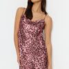 Trendyol Pink Leopard Patterned Rope Strap Degaje Collar Satin Woven Nightdress
