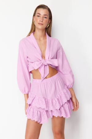 Trendyol Pink Mini Woven Embroidered Detailed Beach Skirt
