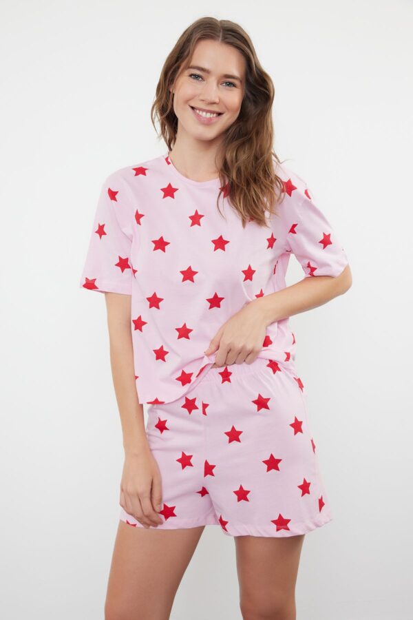 Trendyol Pink-Multicolored 100% Cotton Star Patterned Knitted Pajama Set with Shorts