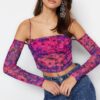 Trendyol Pink-Multicolored Crop Lined Tulle Printed Blouse