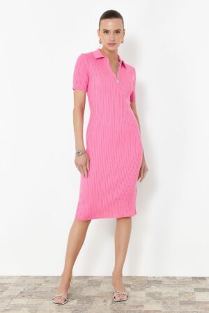 Trendyol Pink Plain Midi Polo Neck Knitwear Dress